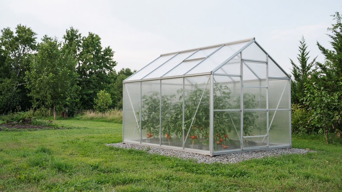 Backyard greenhouse in morning light, Hillside Greenhouse