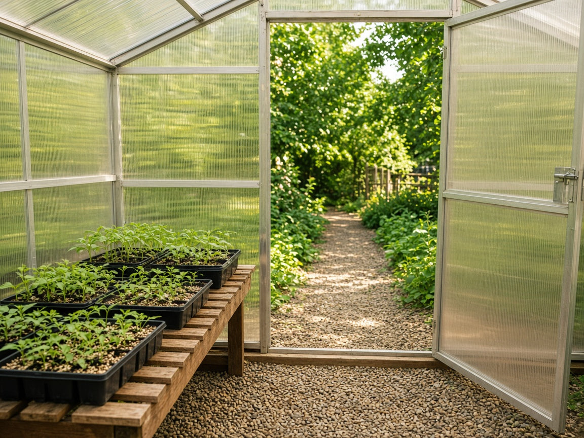 Open greenhouse door and seedling trays